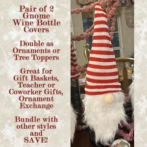 Set of 2 Gnome Wine Bottle Gift Cover for Baskets, Ornaments, Tree Topper